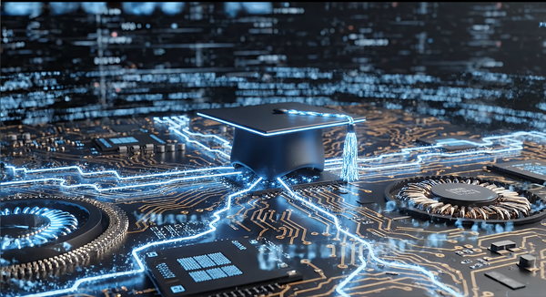 AI-powered graduation cap on circuit board — ProfPrep